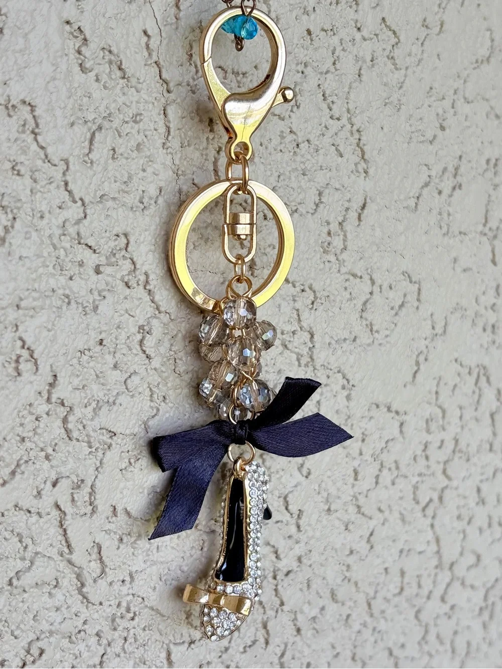 Gold Rhinestone High Heel Keychain with Black Bow & Faceted Crystals